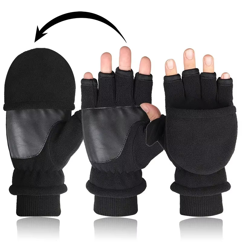 Winter Warm Gloves Fingerless Convertible Thermal Mittens Gloves Windproof Polar Fleece Warm Men Women Double-Layer Flap Gloves