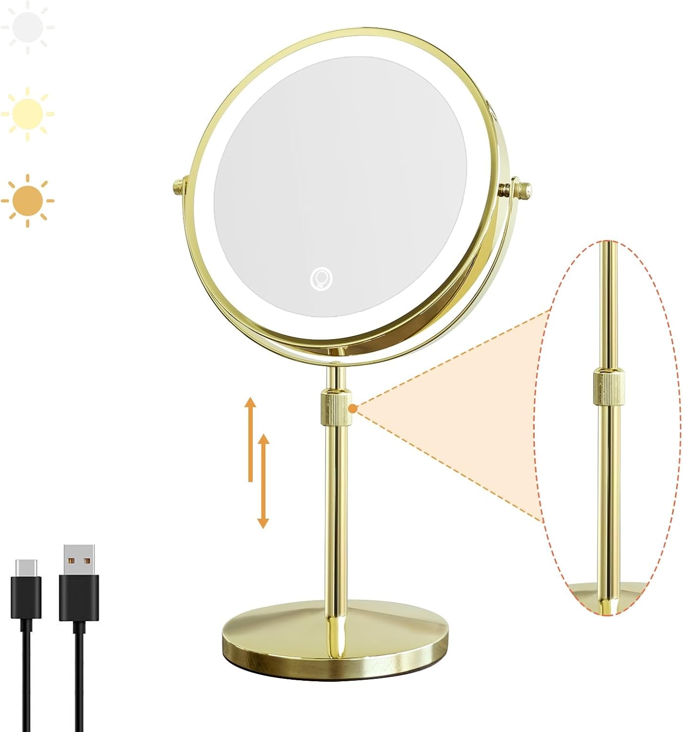 LED Make up Mirror with Lighting, Magnifying Mirror with 3 Color Dimmable Lights, Stand up Lighted Makeup Mirror 360°Rotation Double Sided Shiny Gold Finish