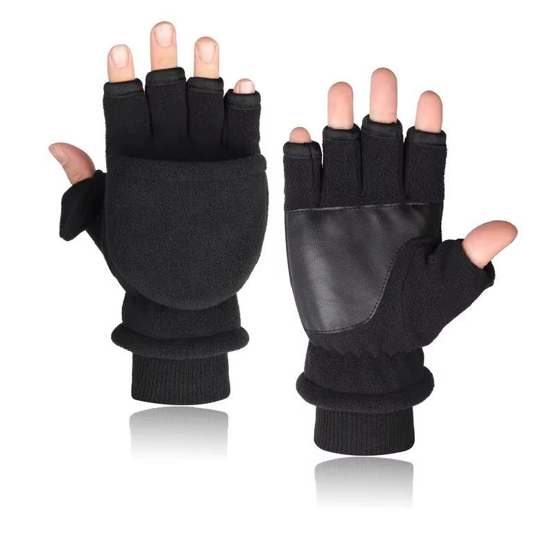 Winter Warm Gloves Fingerless Convertible Thermal Mittens Gloves Windproof Polar Fleece Warm Men Women Double-Layer Flap Gloves