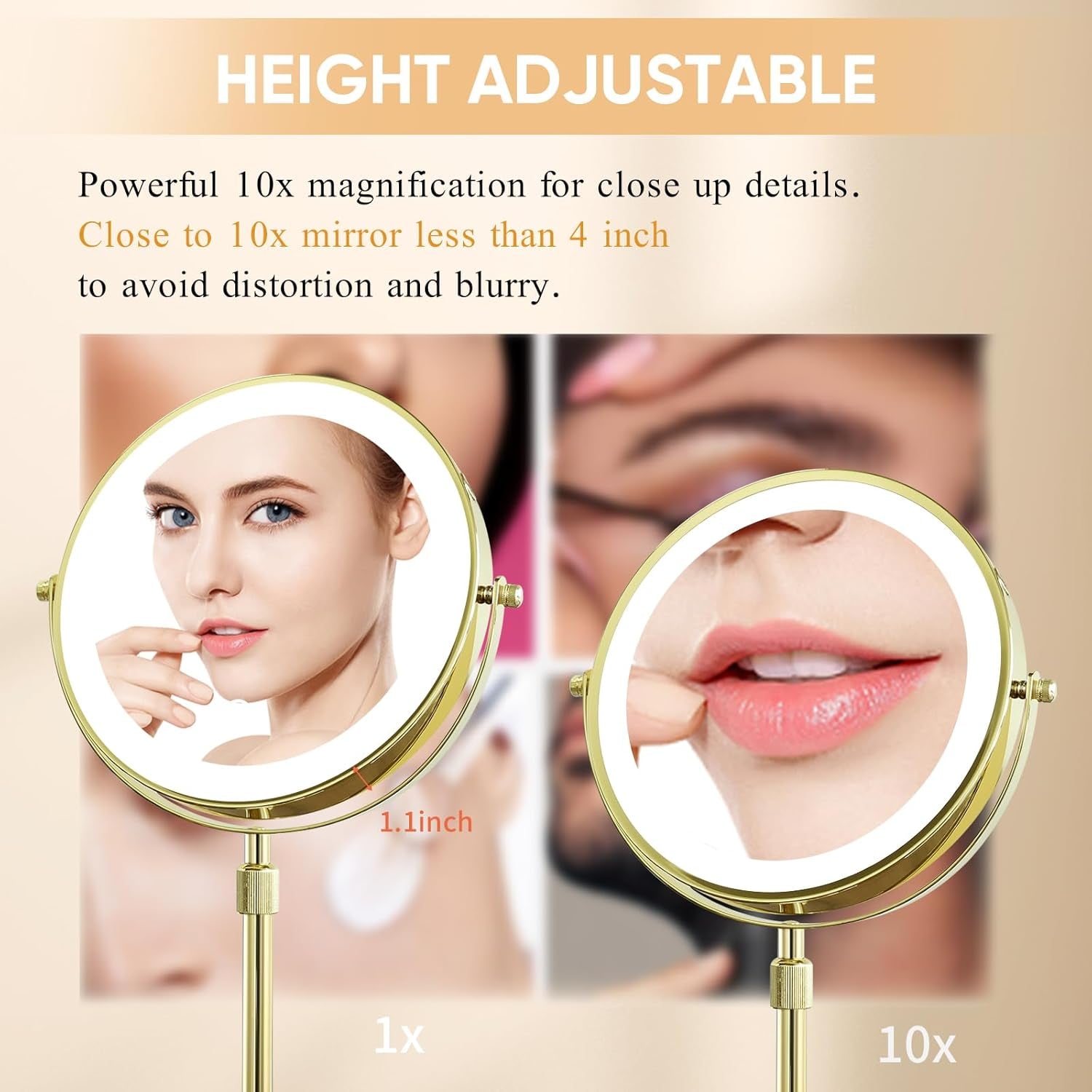 LED Make up Mirror with Lighting, Magnifying Mirror with 3 Color Dimmable Lights, Stand up Lighted Makeup Mirror 360°Rotation Double Sided Shiny Gold Finish