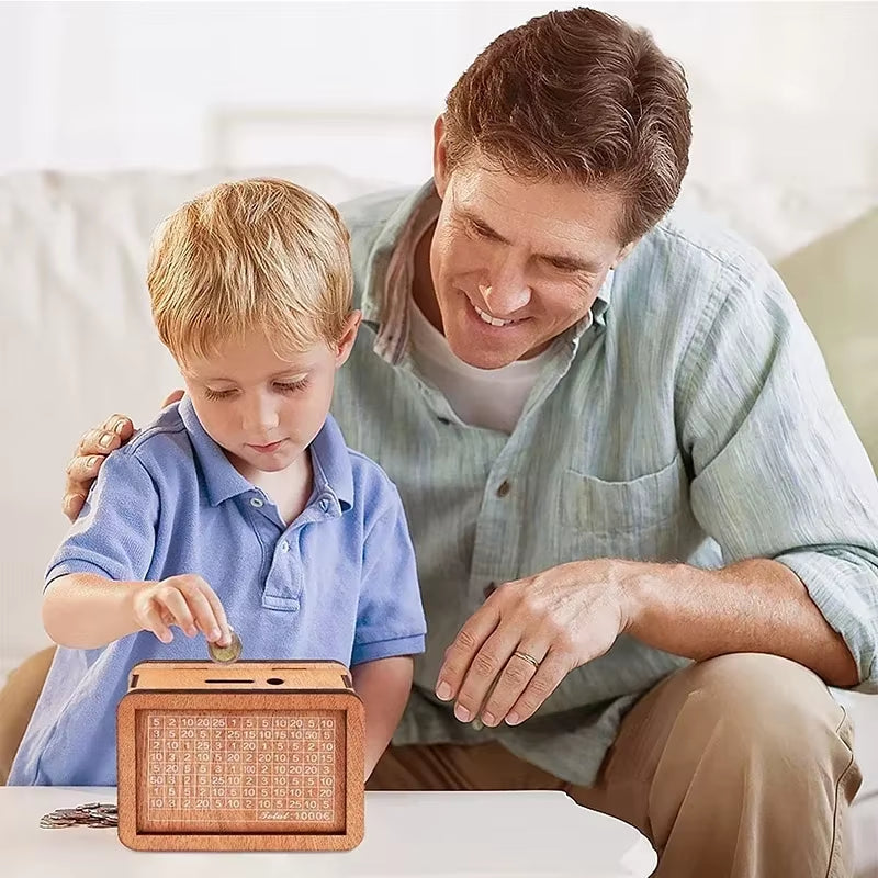 Money Box, Piggy Bank, Wood Money Bank, Reusable Money Box with Saving Goal and Numbers to Check for Helps the Habit of Saving