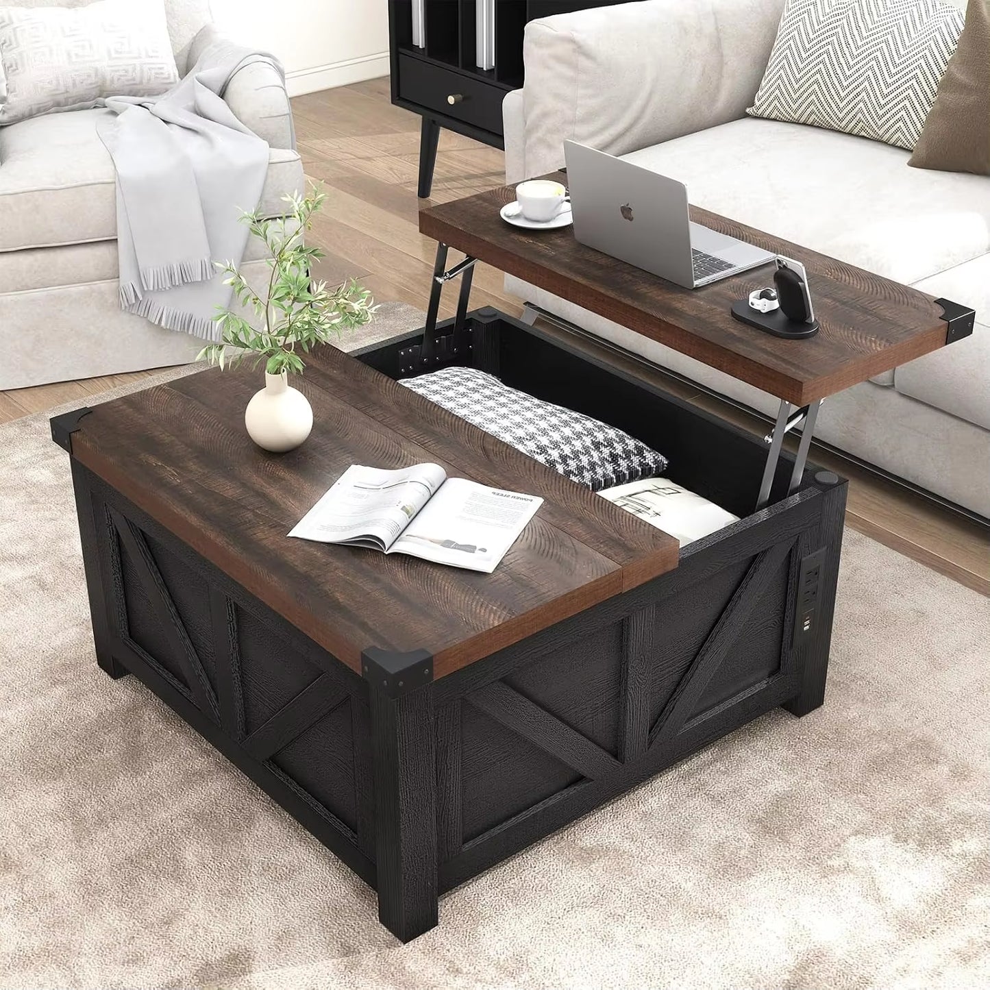 Lift Top Coffee Table with Storage and Charging Station & USB Ports, Living Room Central Table W/Large Hidden Space