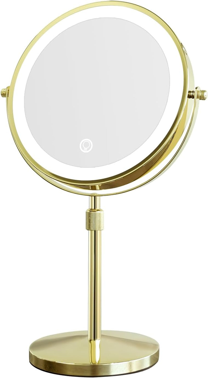 LED Make up Mirror with Lighting, Magnifying Mirror with 3 Color Dimmable Lights, Stand up Lighted Makeup Mirror 360°Rotation Double Sided Shiny Gold Finish