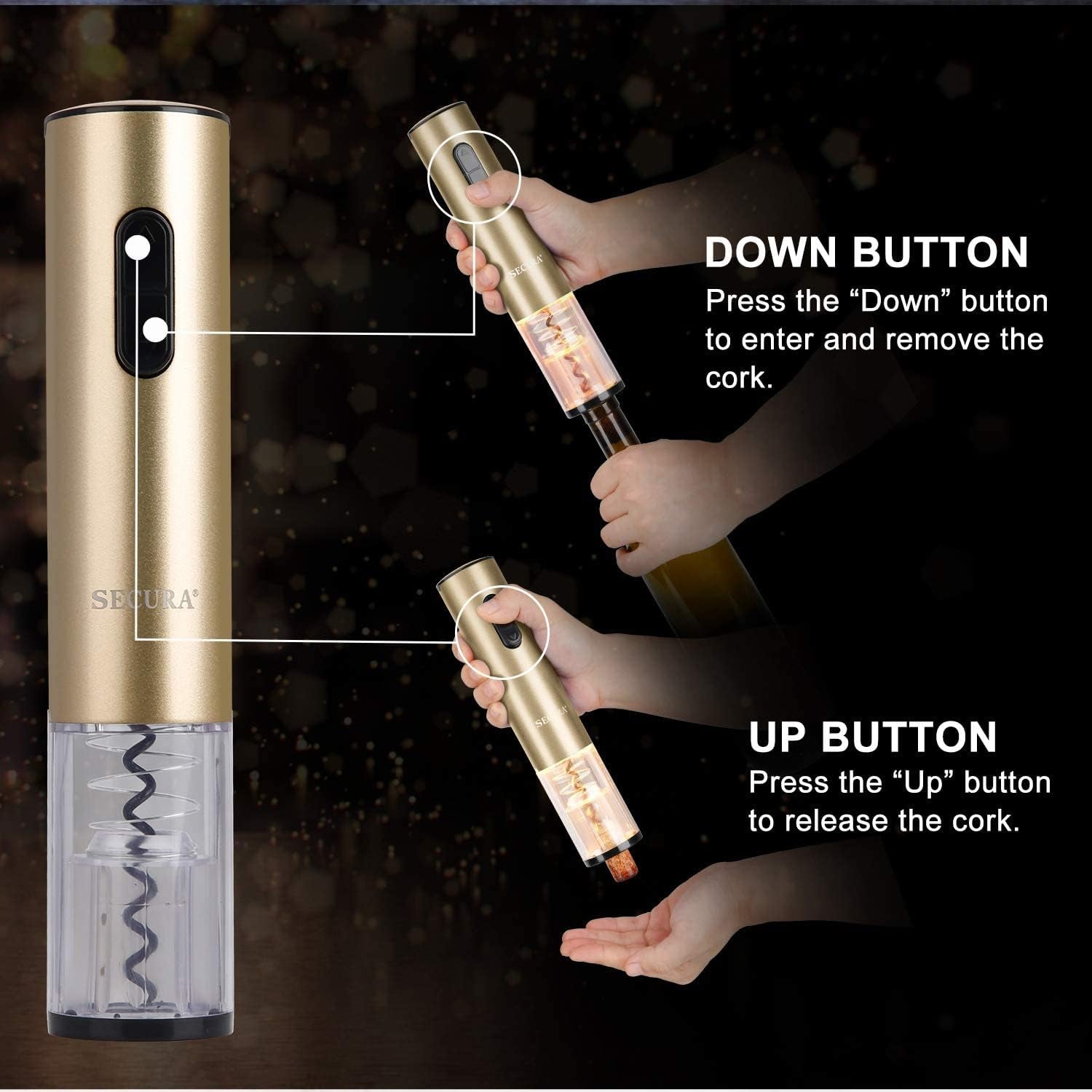 Electric Wine Opener, Automatic Bottle Corkscrew Opener with Foil Cutter, Rechargeable (Champagne Gold)