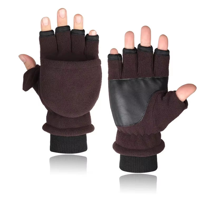 Winter Warm Gloves Fingerless Convertible Thermal Mittens Gloves Windproof Polar Fleece Warm Men Women Double-Layer Flap Gloves