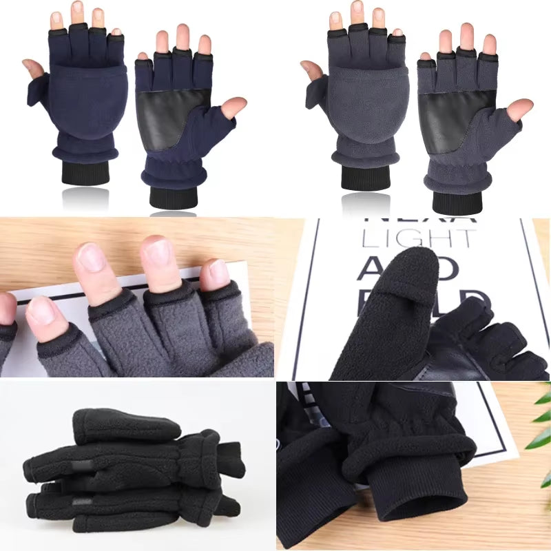 Winter Warm Gloves Fingerless Convertible Thermal Mittens Gloves Windproof Polar Fleece Warm Men Women Double-Layer Flap Gloves