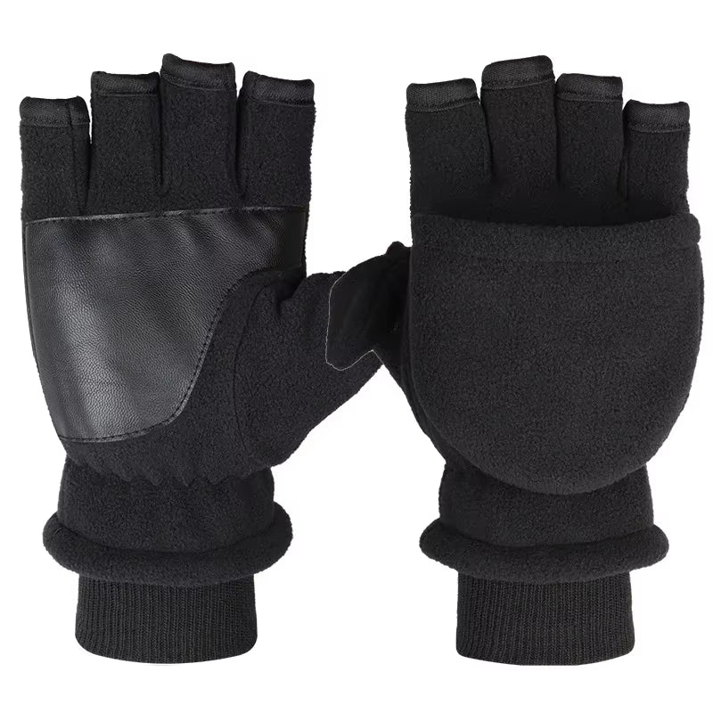 Winter Warm Gloves Fingerless Convertible Thermal Mittens Gloves Windproof Polar Fleece Warm Men Women Double-Layer Flap Gloves