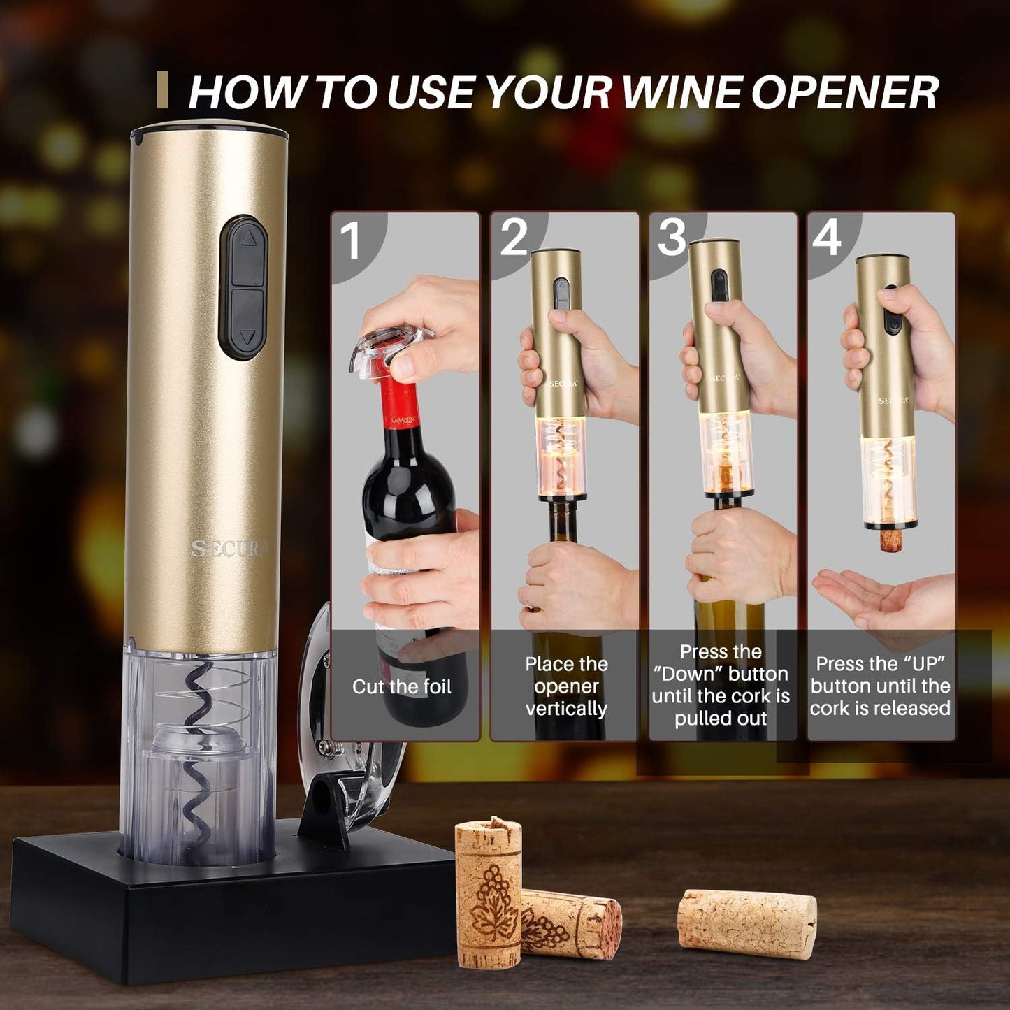 Electric Wine Opener, Automatic Bottle Corkscrew Opener with Foil Cutter, Rechargeable (Champagne Gold)