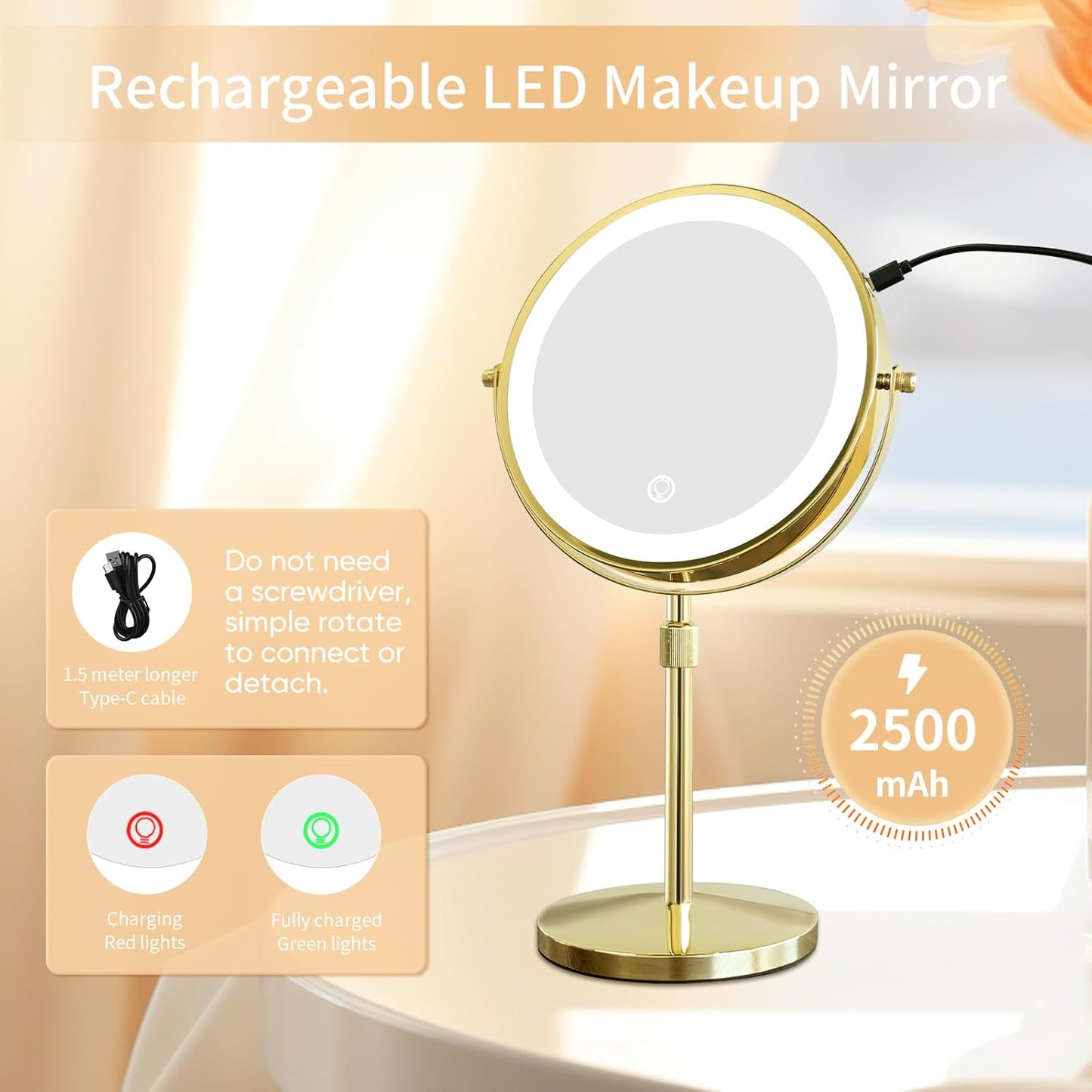 LED Make up Mirror with Lighting, Magnifying Mirror with 3 Color Dimmable Lights, Stand up Lighted Makeup Mirror 360°Rotation Double Sided Shiny Gold Finish