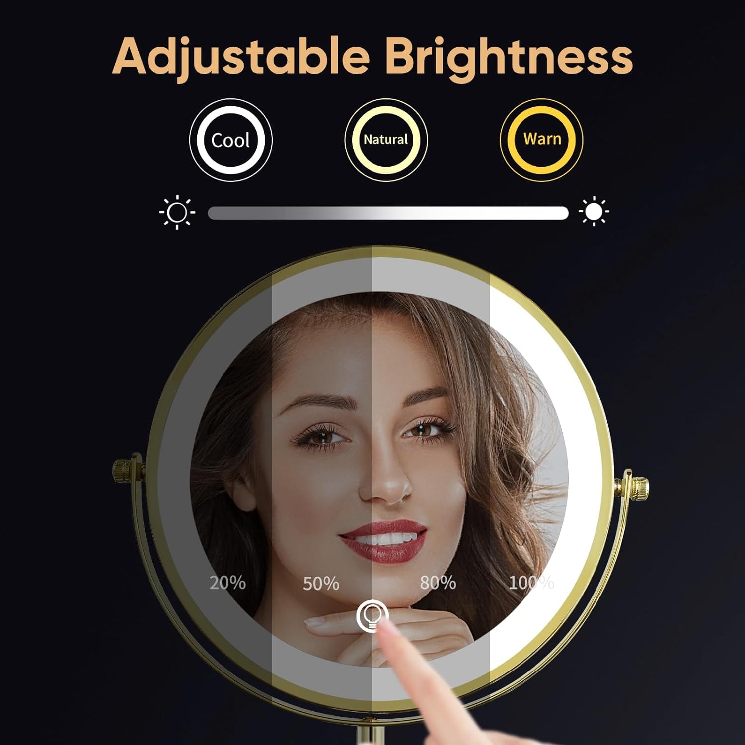 LED Make up Mirror with Lighting, Magnifying Mirror with 3 Color Dimmable Lights, Stand up Lighted Makeup Mirror 360°Rotation Double Sided Shiny Gold Finish