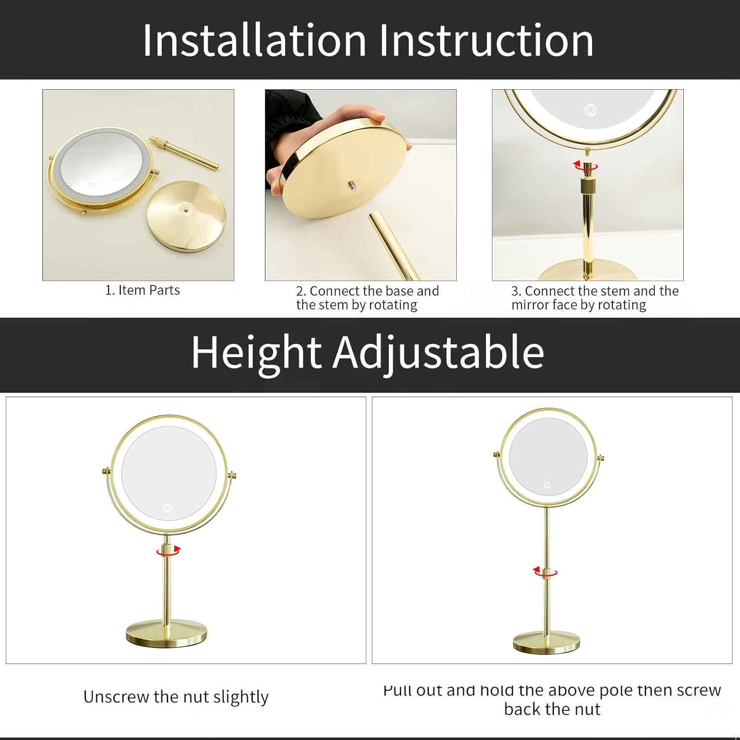 LED Make up Mirror with Lighting, Magnifying Mirror with 3 Color Dimmable Lights, Stand up Lighted Makeup Mirror 360°Rotation Double Sided Shiny Gold Finish