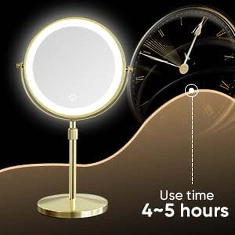 LED Make up Mirror with Lighting, Magnifying Mirror with 3 Color Dimmable Lights, Stand up Lighted Makeup Mirror 360°Rotation Double Sided Shiny Gold Finish