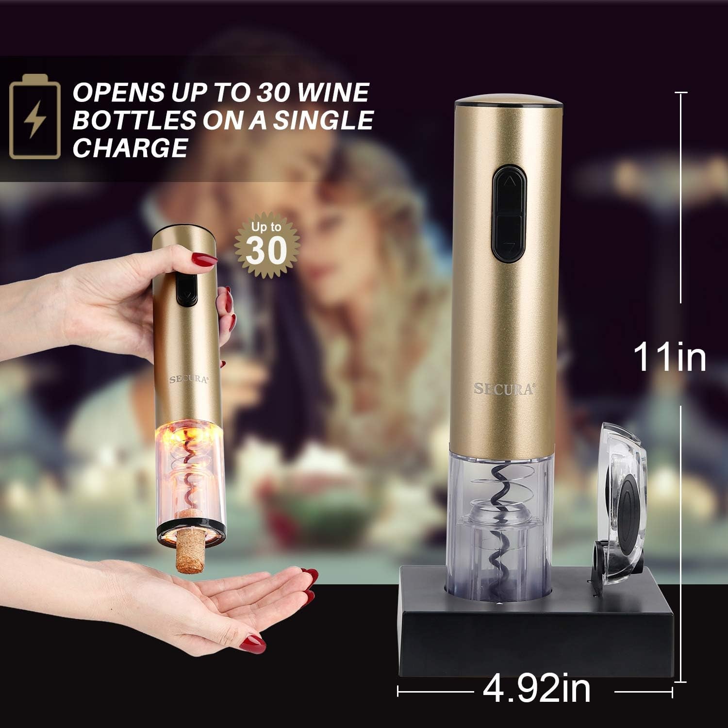 Electric Wine Opener, Automatic Bottle Corkscrew Opener with Foil Cutter, Rechargeable (Champagne Gold)