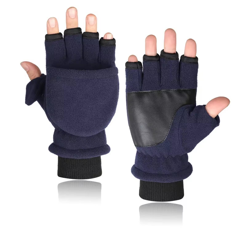 Winter Warm Gloves Fingerless Convertible Thermal Mittens Gloves Windproof Polar Fleece Warm Men Women Double-Layer Flap Gloves