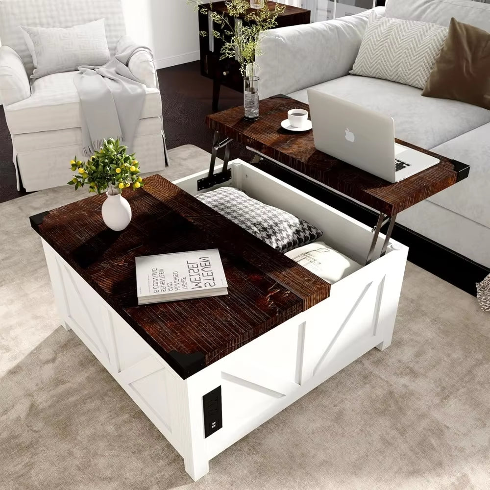 Lift Top Coffee Table with Storage and Charging Station & USB Ports, Living Room Central Table W/Large Hidden Space