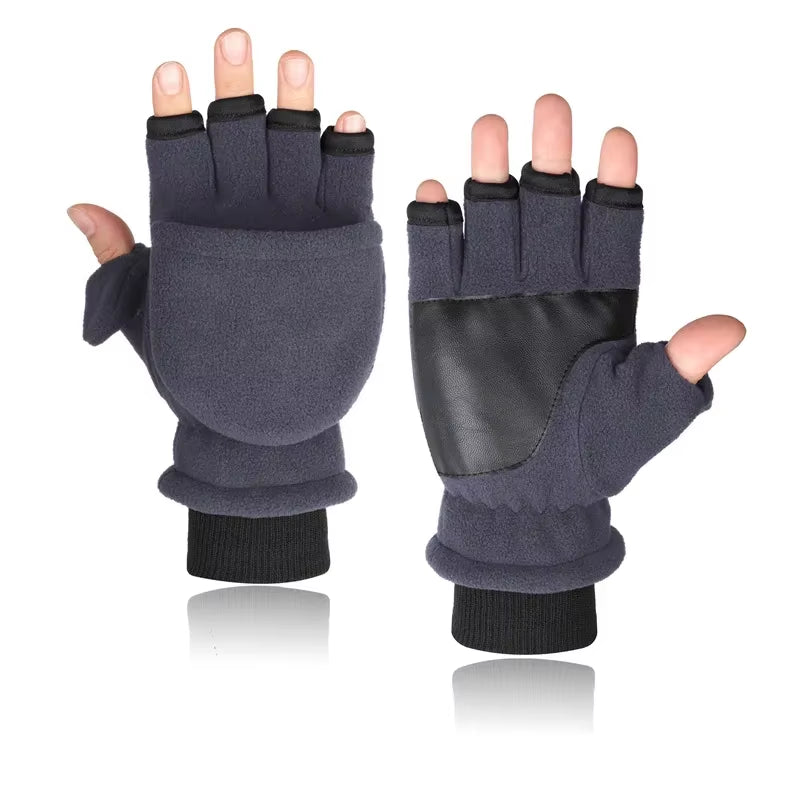 Winter Warm Gloves Fingerless Convertible Thermal Mittens Gloves Windproof Polar Fleece Warm Men Women Double-Layer Flap Gloves