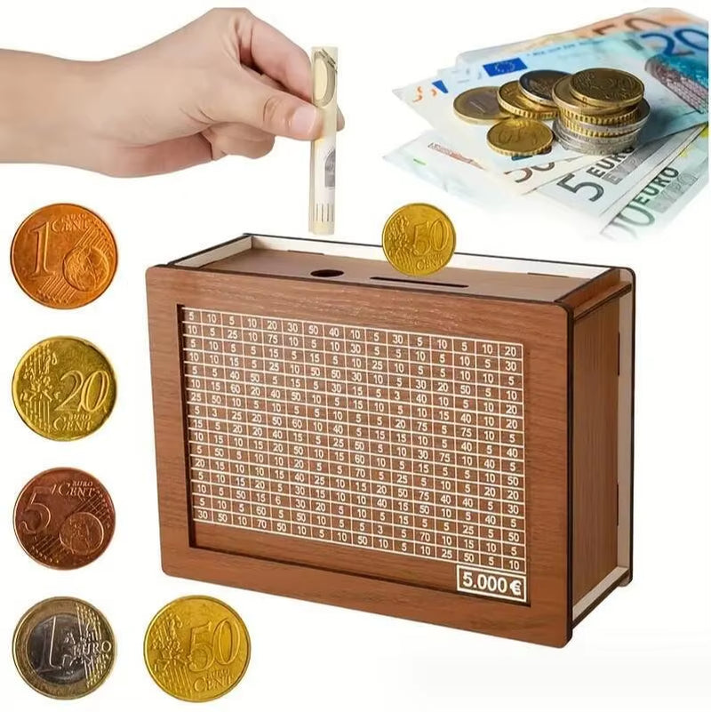 Money Box, Piggy Bank, Wood Money Bank, Reusable Money Box with Saving Goal and Numbers to Check for Helps the Habit of Saving