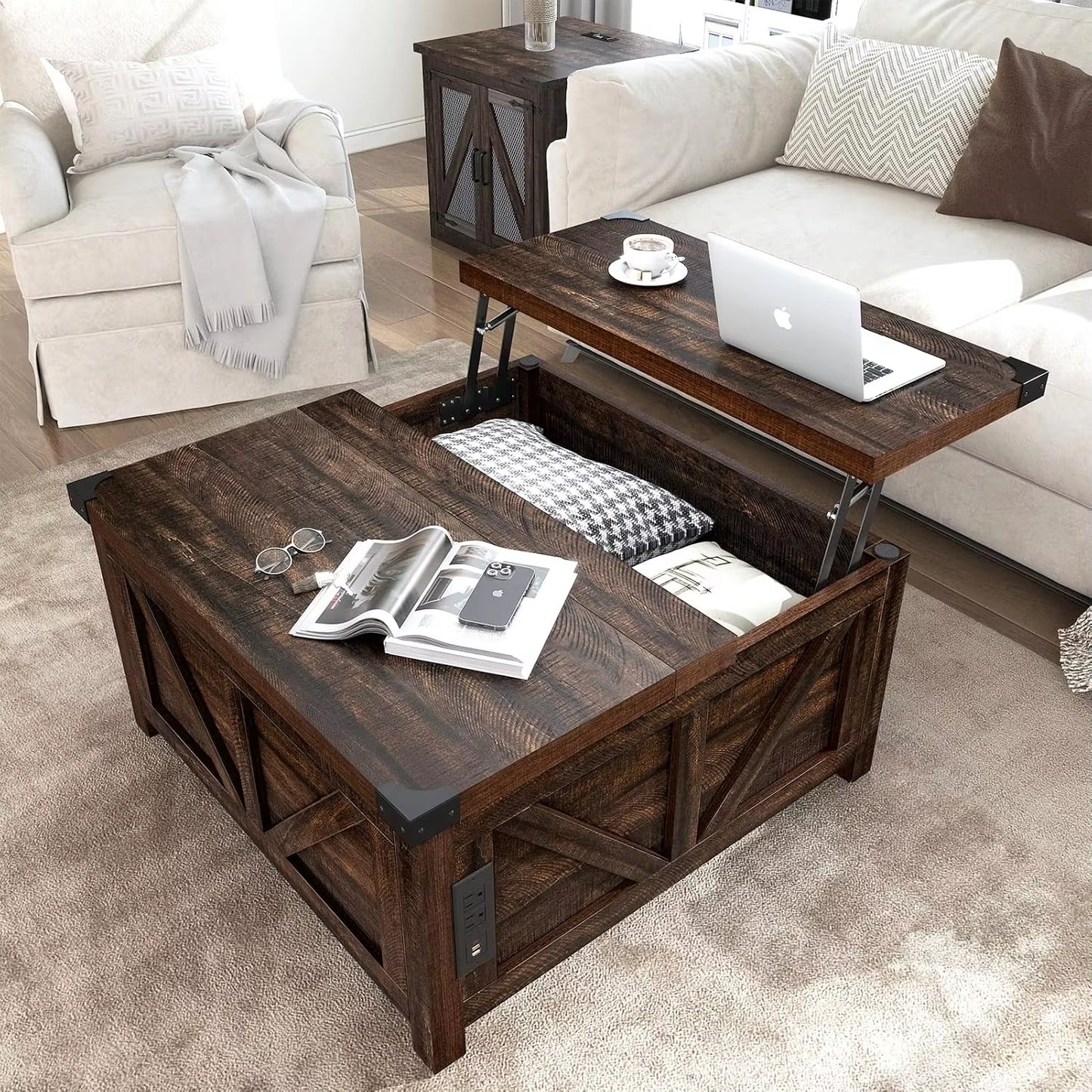 Lift Top Coffee Table with Storage and Charging Station & USB Ports, Living Room Central Table W/Large Hidden Space