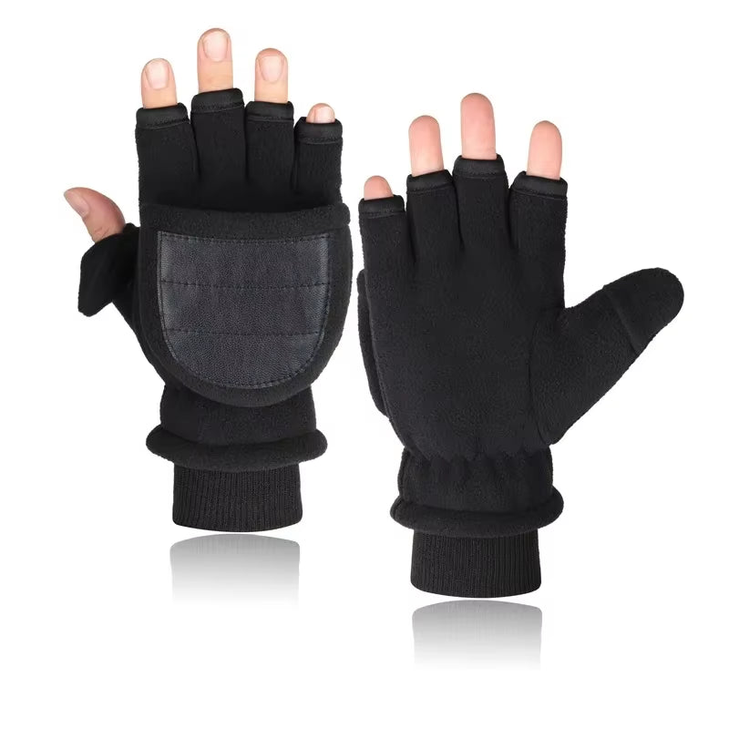 Winter Warm Gloves Fingerless Convertible Thermal Mittens Gloves Windproof Polar Fleece Warm Men Women Double-Layer Flap Gloves