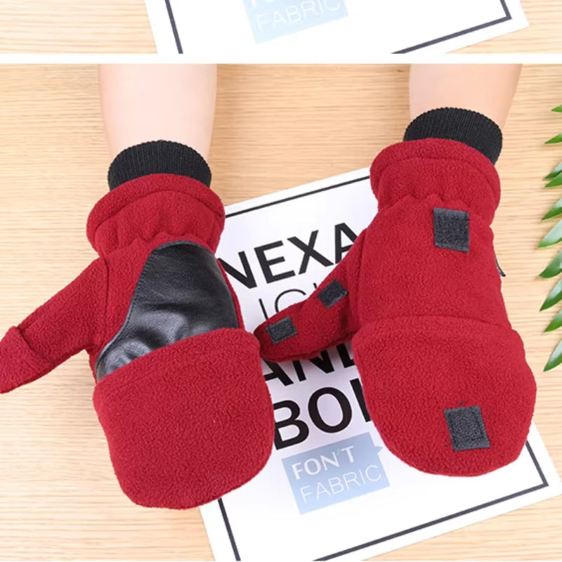 Winter Warm Gloves Fingerless Convertible Thermal Mittens Gloves Windproof Polar Fleece Warm Men Women Double-Layer Flap Gloves