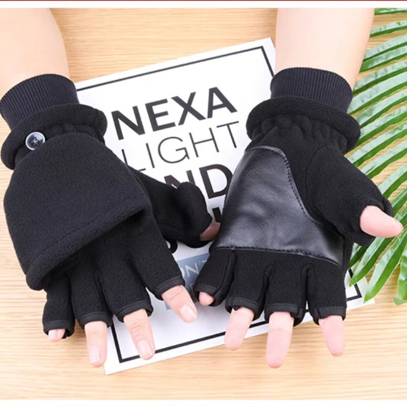 Winter Warm Gloves Fingerless Convertible Thermal Mittens Gloves Windproof Polar Fleece Warm Men Women Double-Layer Flap Gloves