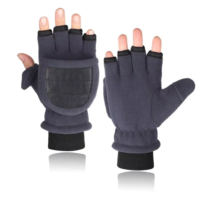 Winter Warm Gloves Fingerless Convertible Thermal Mittens Gloves Windproof Polar Fleece Warm Men Women Double-Layer Flap Gloves